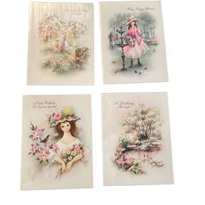 Vintage Lot of 4 Coronation Collection Glitter Birthday Cards 50's Parchment